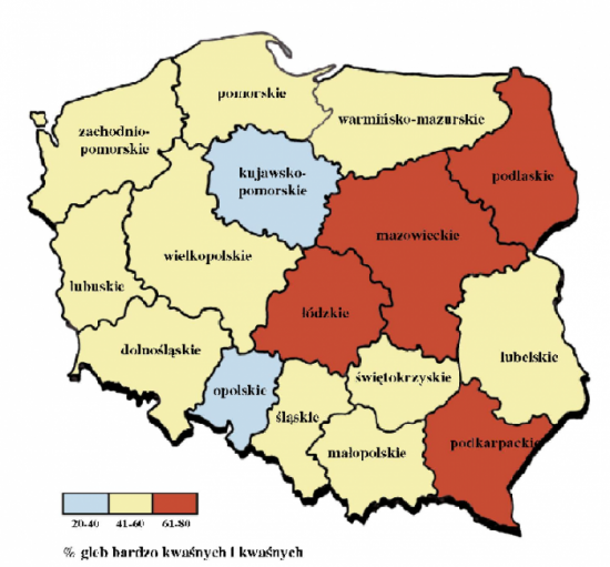 Rys.1. Udział gleb bardzo kwaśnych i kwaśnych w Polsce