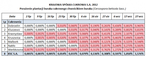 tabela pokazująca porażenie plantacji buraka curkowego chwościkiem buraka
